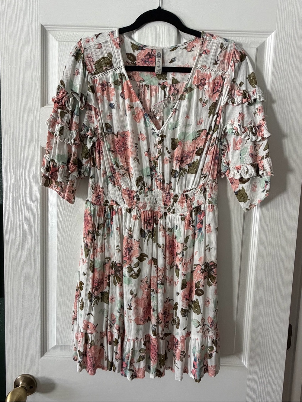 American Rag Floral Ruffled Mini Dress - Pink/Green/Cream